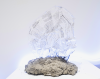 “Unearthing” by Alexandra Jonscher supposes what a future archaeologist might uncover if they were unearthing the traces of one’s digital identity, featuring an installation of resin sculptures and an acrylic headstone situated within concrete rubble.