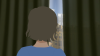 Woman peers through curtains at city 