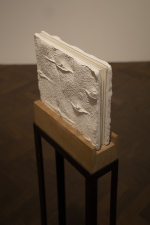 A Feeling of Skin, 2023, plaster cast of tree trunk, embossing, modified drum leaf binding