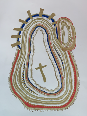 Virgin Mother and Holy Child, 2023, acrylic pen, gouache and beads on cotton paper