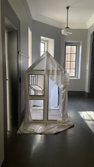 House for testing in production, 2023, Timber, Fabric, Stained Glass