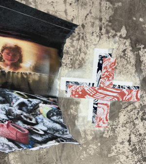 The white cross as seen on Ukrainian Tanks becomes a symbol of protection, leaping through the canvas itself, 2023, Screen prints and Paste ups on ink.