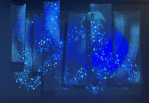 Rhythms of Nature, 2024, Sound-film installation (animated video projection onto cotton batiste fabric strips, accompanied by surround sound)