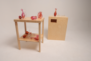 Sweetbitter (I didn't know desire could feel like this) and Unfolding (her misinterpretations still live beside my gut), 2024, Blown glass, timber, poetry leaflet