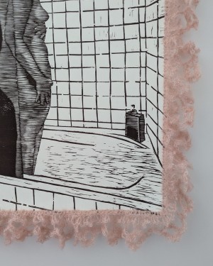 Instruments of the Everyday, 2024, wood-block relief prints, ceramic stoneware, hand-crocheted mohair lace, cotton yarn, hand-cut stencilled wallpaper