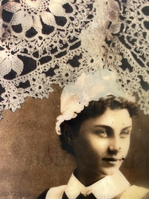 Reframed Femininities, 2024, Mix Media Collage - paper, wax, lace, wood, found objects.