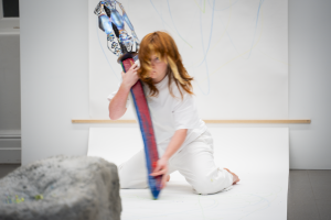 Courtney Gatt, Anything But Childish, 2025, Crayon, Titanium, Wood, Cement, Paper. 