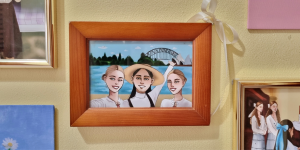 Deena Loukadellis, Happiness Continues, framed digital drawing, ribbon