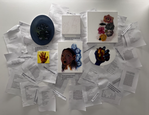 Gloria Han, hell is a place close by, acrylic on canvas, paper installation, 2025
