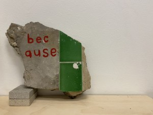 Lauren Maccoll, because is a cornerstone, (2025), found cement and tile, acrylic paint, 2025