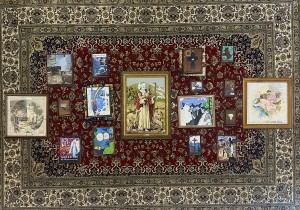Saskia King, Mnemonics, Oil paint on wood and found tapestry